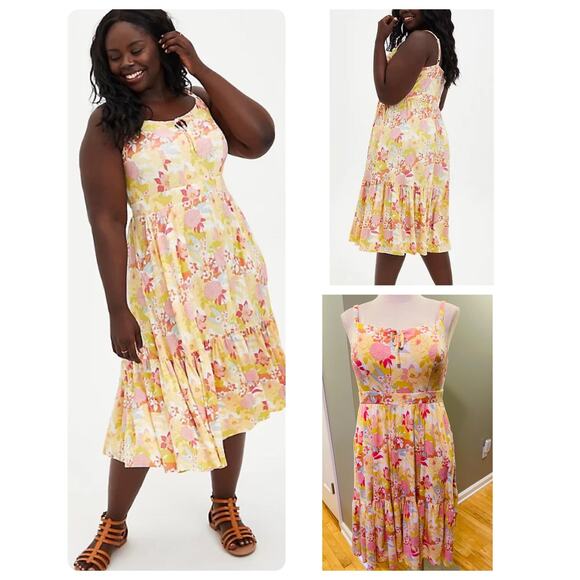 New Torrid 1 (1X, 14/16) Super Soft Yellow Floral Tie Front Midi Dress w/Pockets - Picture 1 of 1